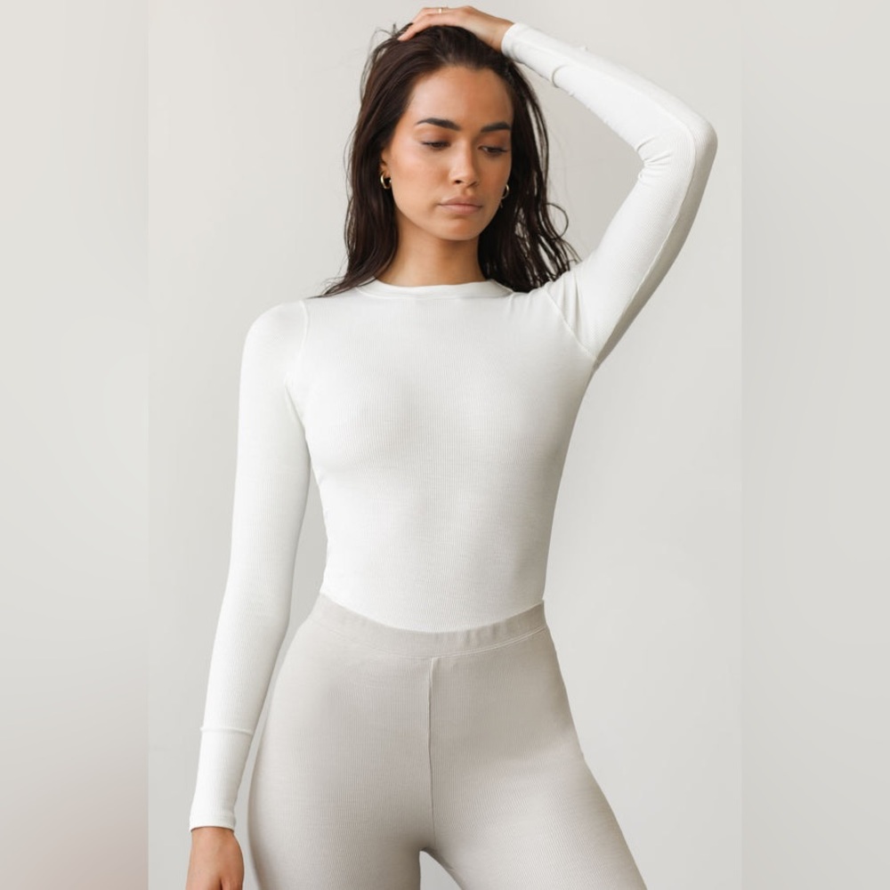 Joah Brown Long Sleeve Crewneck Ribbed Top in Bone S/M NWT